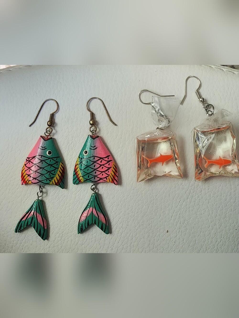 Colorful Wooden Fish Earrings — Pink & Green Fish Tail Design